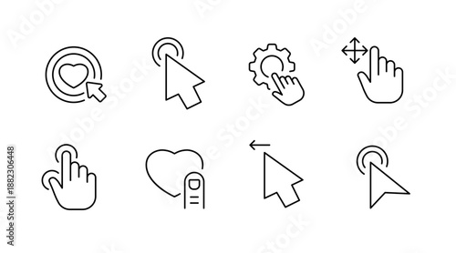 Computer icons set: cursor, touch, click, gear, heart, selection