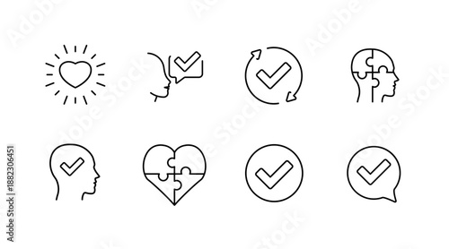 Set of linear icons depicting checkmarks, puzzle pieces, and human profiles