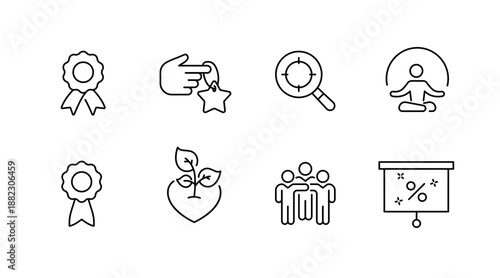 Minimalist icon set featuring awards, meditation, growth, teamwork, and goals