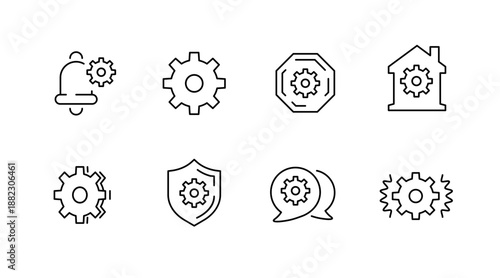 Minimalist gear icon set representing various functions and concepts