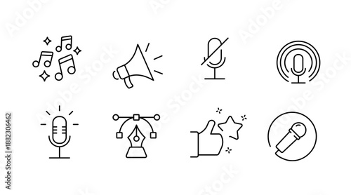 Minimalist audio and social media icon set with music notes and microphone designs