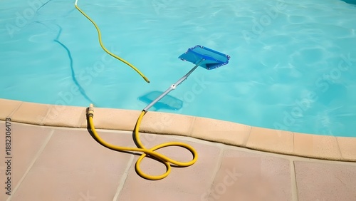 Sparkling Blue Pool Maintenance: Skimmer Net and Yellow Hose Laying on Decking – Summer Pool Cleaning Essentials
