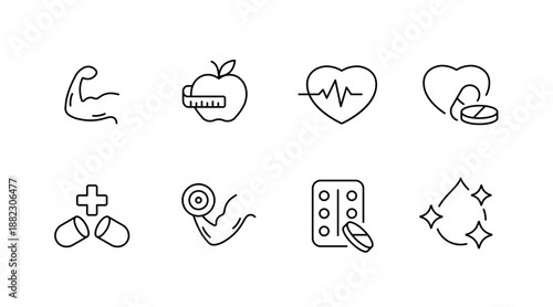 Health and fitness icons set with muscles, heart, and medication symbols