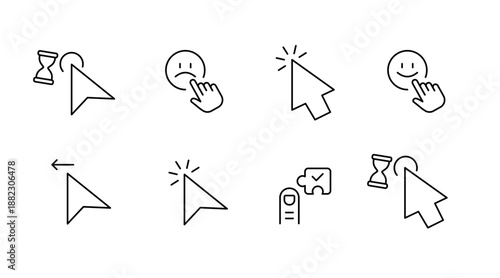 Minimalist icon set depicting cursor actions with smiley faces and hourglass