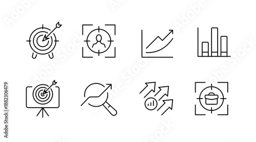 Set of black line business icons depicting growth and target achievement