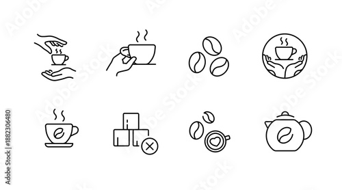 Coffee icons set: cup, beans, teapot, sugar cubes, hands