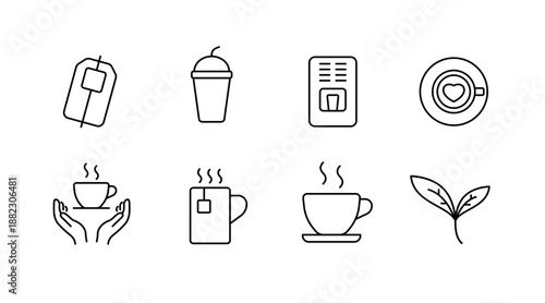 Minimalist icons of coffee cups, tea bags, coffee machine, and tea leaves