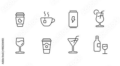 Set of beverage line icons: coffee, tea, soda, cocktails, wine
