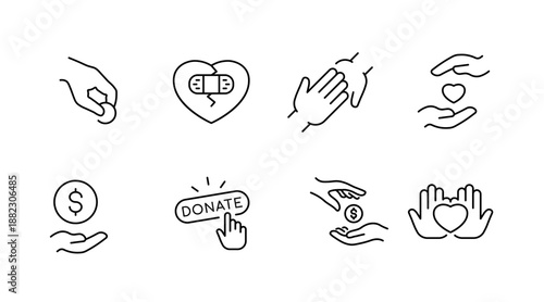Charity and donation icons: coins, hearts, hands, and dollar symbols