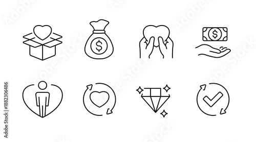 Heart and donation icons set with money bag, diamond, and circular arrows