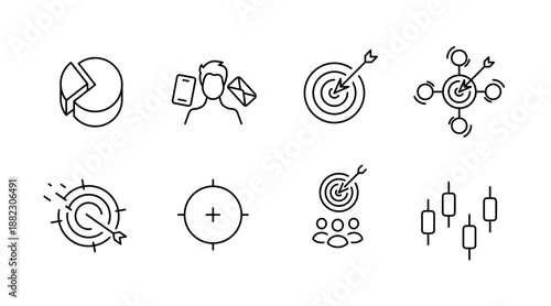 Minimalist business icons: target, pie chart, communication, bullseye