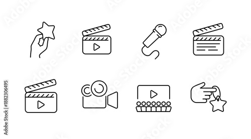 Minimalist media and entertainment icons set: clapperboard, microphone, camera, star