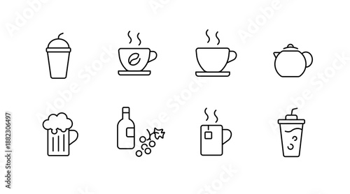 Minimalistic line icons of various beverage containers including cups and teapot
