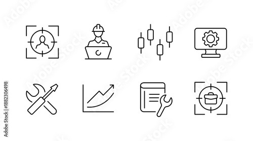 Line art icons: focus, worker, graphs, settings, tools, growth, analysis, target