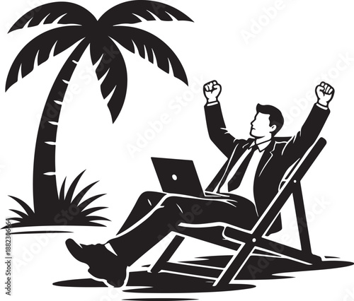 Black and White Vector Illustration of Business Man Working Remotely on Tropical Beach