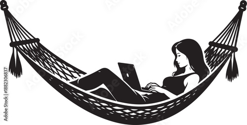 Woman Relaxing in Hammock Using Laptop Black and White Vector Illustration