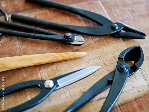 Closeup bonsai tools on wooden table