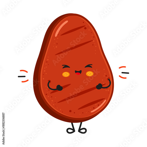 Cute happy cartoon grilled steak character smiling