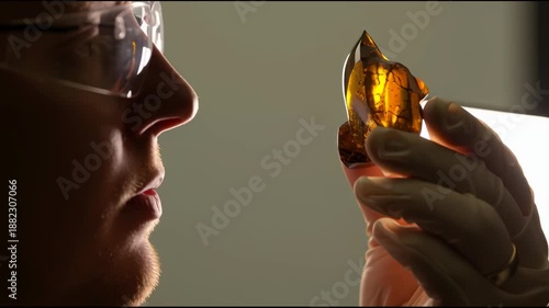 A jeweler wearing protective glasses carefully examines a rough piece of amber against the light. A close-up of the craftsman at work. Assessing the quality of a natural stone in a workshop.