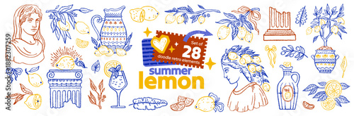 Lemon Limoncello, Mediterranean Italy and Greece summer. Greek and Roman Ancient statue, column, cocktail, sea, lemon fruit, Limoncello glass icon. Cyclades, Capri, Amalfi Italian, Greek coastal bg