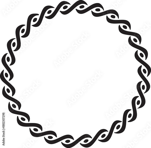 Interlocking black circular border design abstract decorative frame element with a Celtic knot influence isolated on white background for graphic design