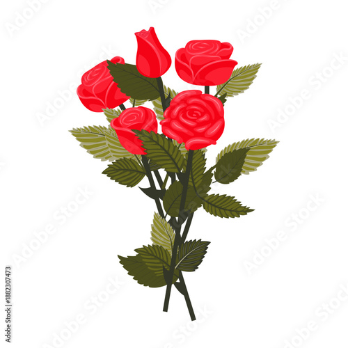 A bouquet of bright red roses. A set of four graceful blooming flowers and a bud. Vector illustration on a white background.