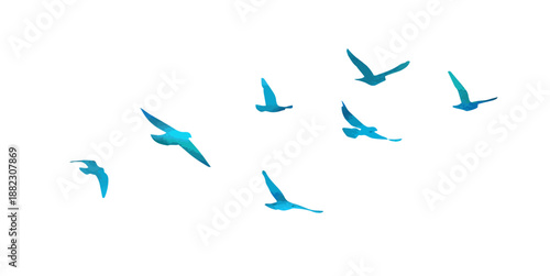 Flying birds blue silhouette flock. hand drawing. Not AI. Vector illustration