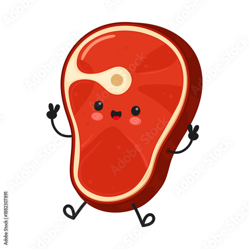 Cute cartoon steak character smiling showing peace sign