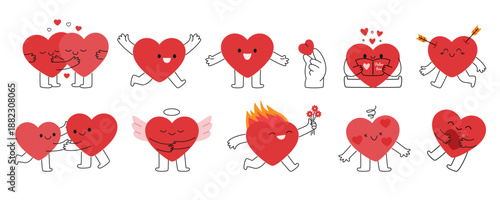Cute love heart characters set. Hand drawn happy elements for Valentines Day.