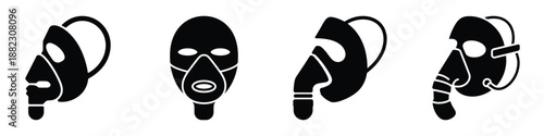 Medical Oxygen Mask Icons Set – Respiratory Therapy and Anesthesia Equipment Vector Illustration, Health Protection Face Mask Silhouette for Hospital and Clinical Design