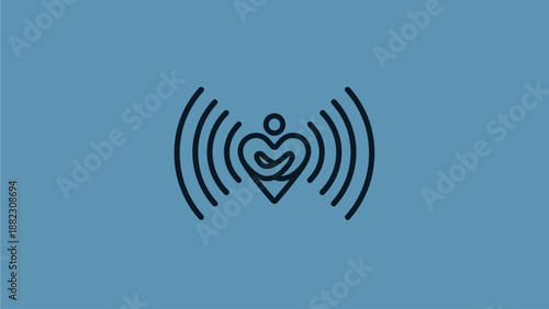 Stylized heart with arms embracing within sound waves on blue