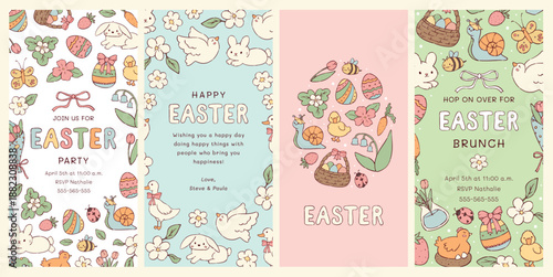 Easter vertical banners, invitations, cards, posters collection decorated with kawaii doodles and text. EPS 10