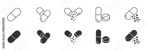 Medicine & Pills Icon Set. Capsule, Tablet, Drug Dosage Symbols. Pharmacy, Healthcare Treatment, Medical Vector Illustration.