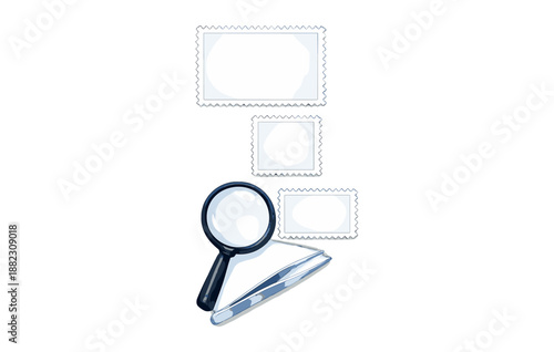 Magnifying glass examining blank postage stamps on white background