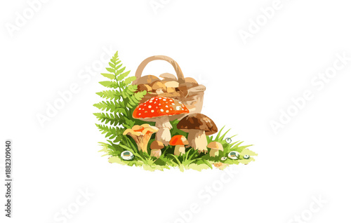 Colorful forest mushrooms and ferns with basket on grass