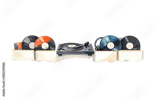 Vintage record player and vinyl records collection on display