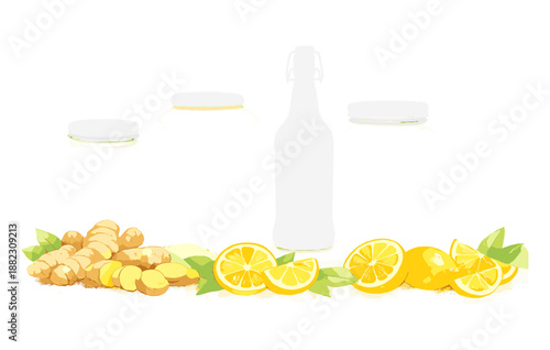 Ginger and lemon infused bottled beverage with fresh ingredients