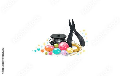 Colorful beads and jewelry making tools on white background