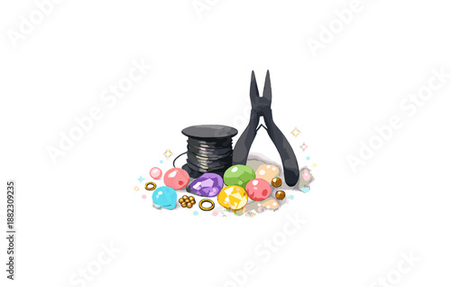 Colorful bead craft supplies with pliers and wire spool