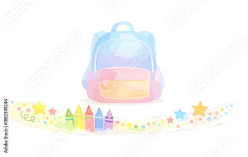 Colorful pastel backpack and crayons with stars and dots on white background