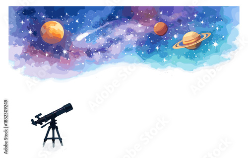 Colorful celestial scene with telescope under starry sky and planets