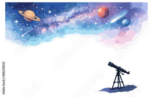 Telescope stargazing under colorful galaxy sky with planets and stars