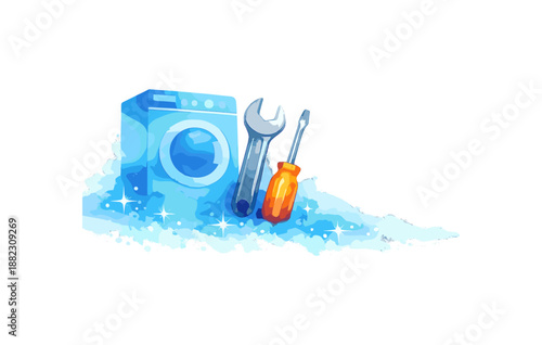 Blue washing machine with tools: wrench and screwdriver on soapy background