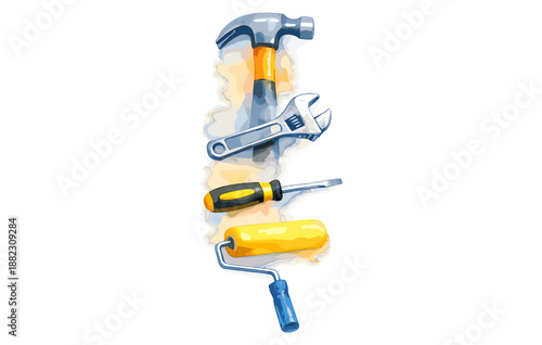 Colorful arrangement of hammer, wrench, screwdriver, and paint roller tools