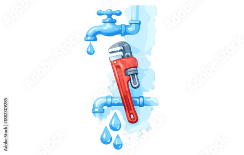 Cartoon wrench fixing leaky pipe with water drops