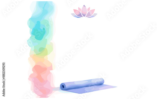 Watercolor yoga mat with lotus design against pastel background
