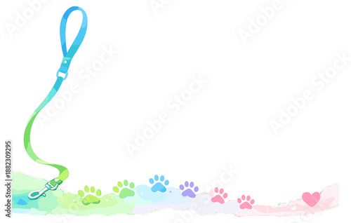 Colorful dog leash and paw print border on white background