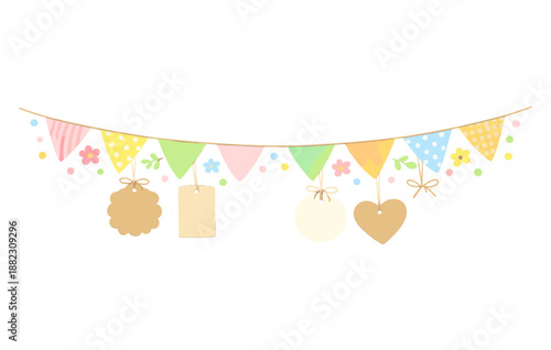 Colorful pastel pennant banner with decorative tags and shapes for celebrations