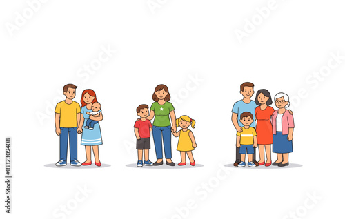 Three generations of diverse families with children and elders illustrated