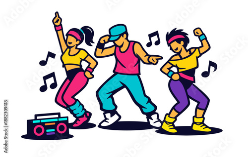 Energetic dance crew with boombox and musical notes in vibrant outfits